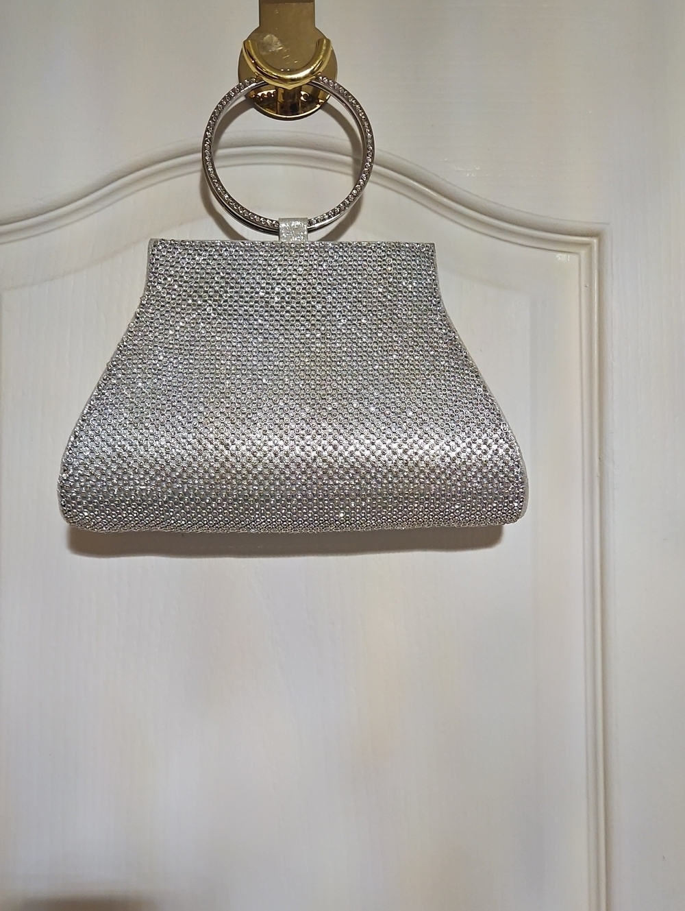 New Rhinestone Ring-Handle Silver Evening Clutch